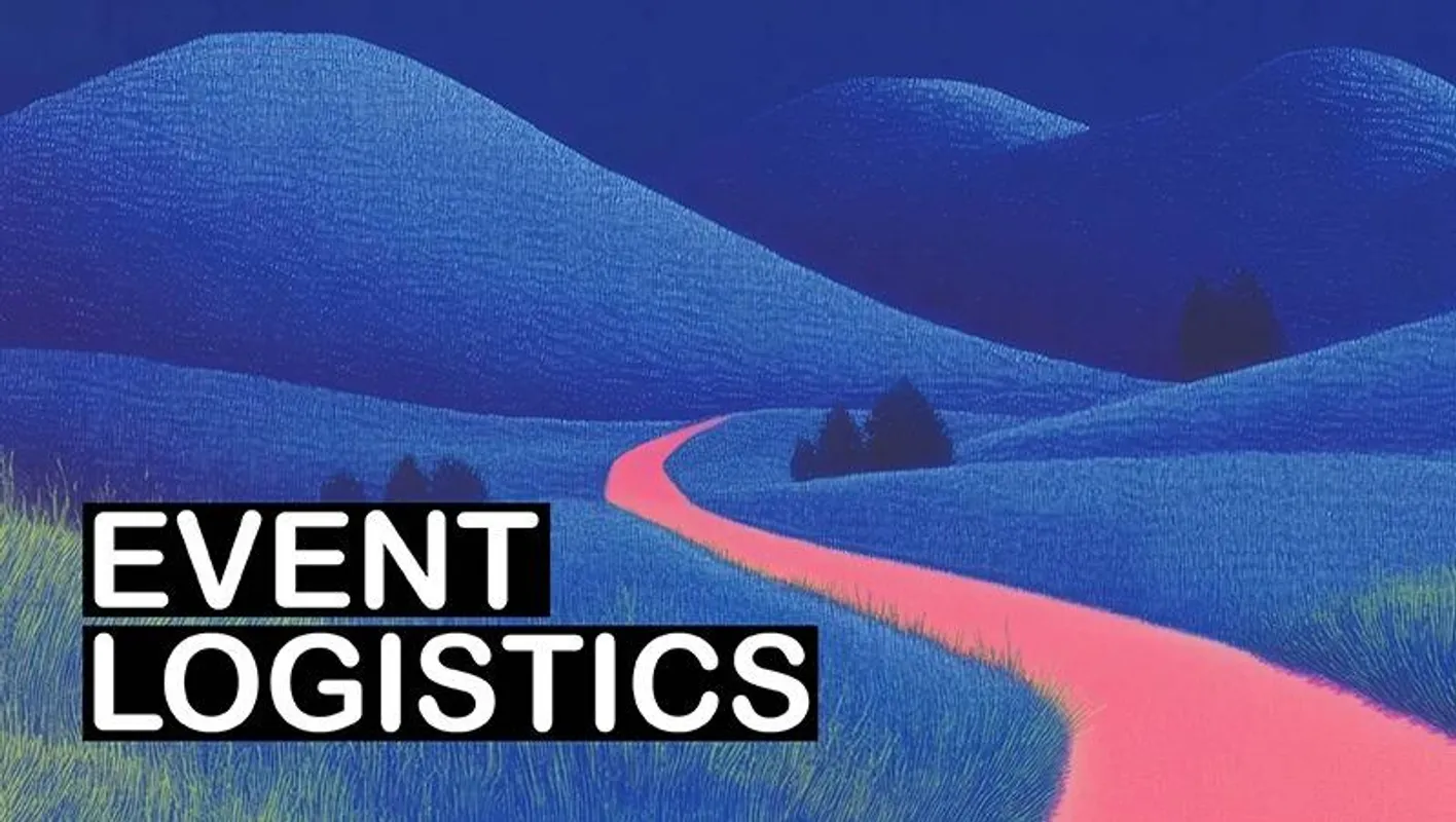 Animated pink path leading to blue hills with the text: EVENT LOGISITICS in the bottom right.