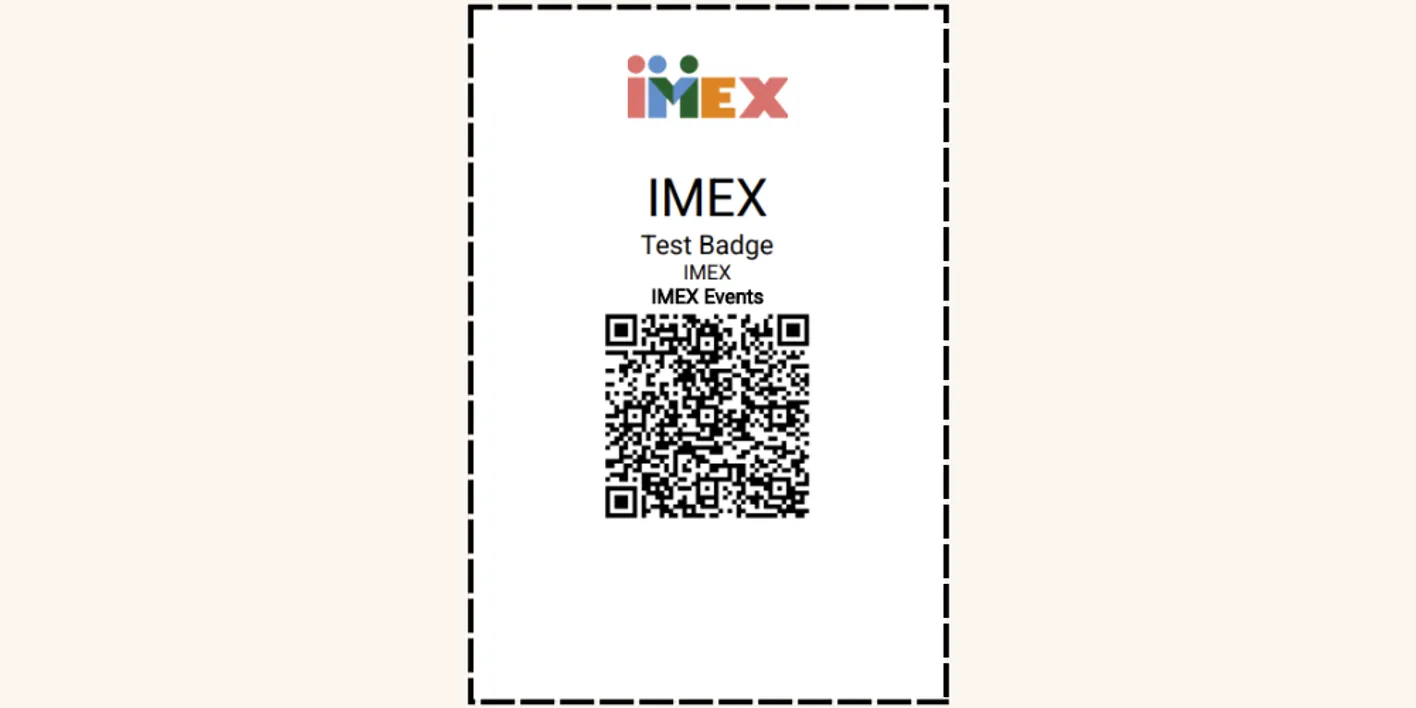 A QR code example of an IMEX attendee badge with the IMEX logo at the top of the image.