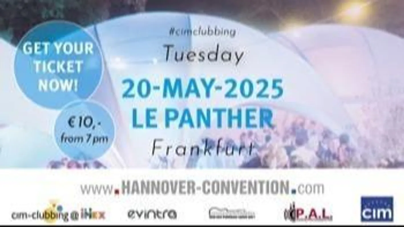 Blue and pink CIMclubbing event ad for 20 May 2025 at Le Panther, Frankfurt, 