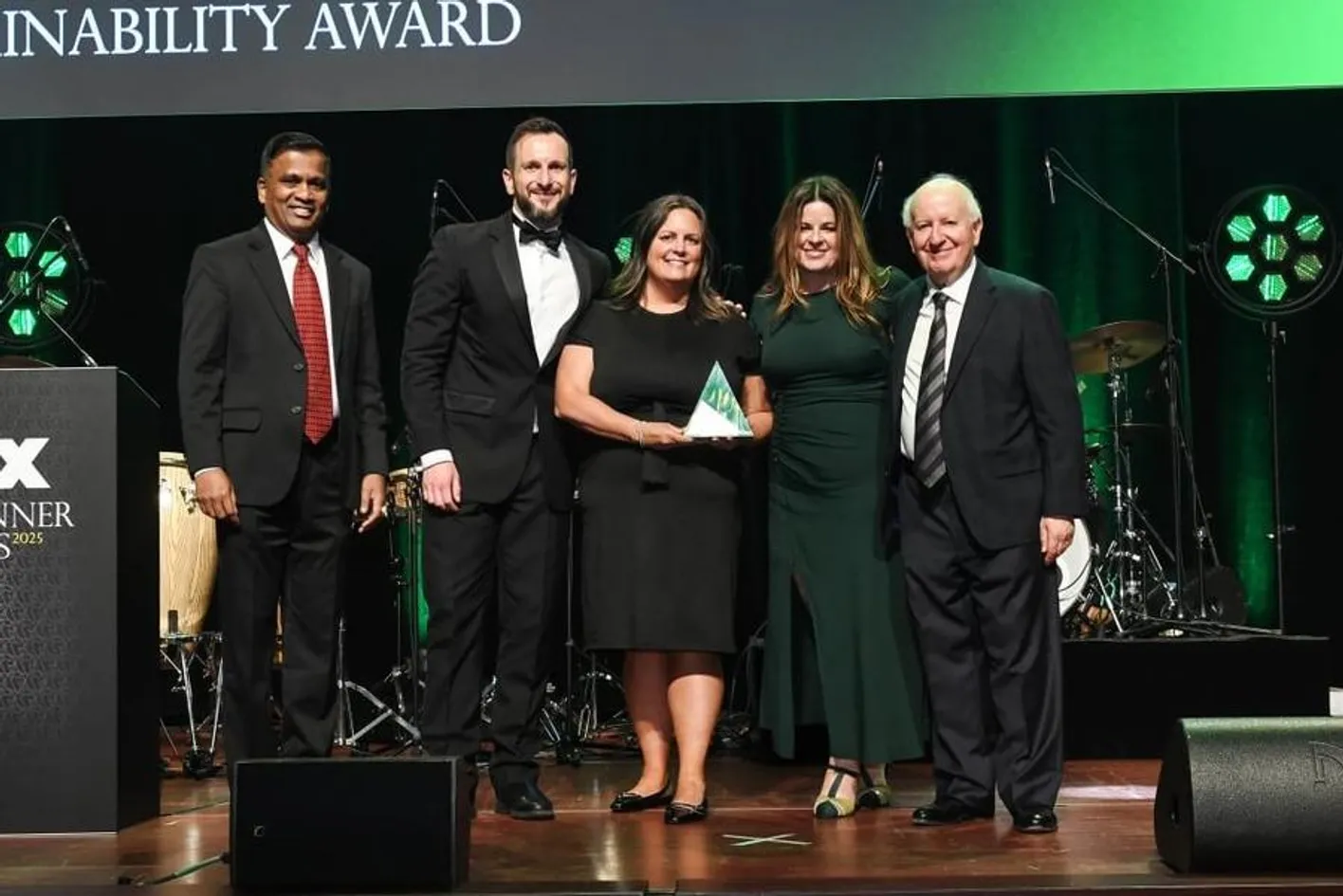 Five people on stage at the IMEX Gala Dinner 2025 collecting the Innovation in Sustainability Award.