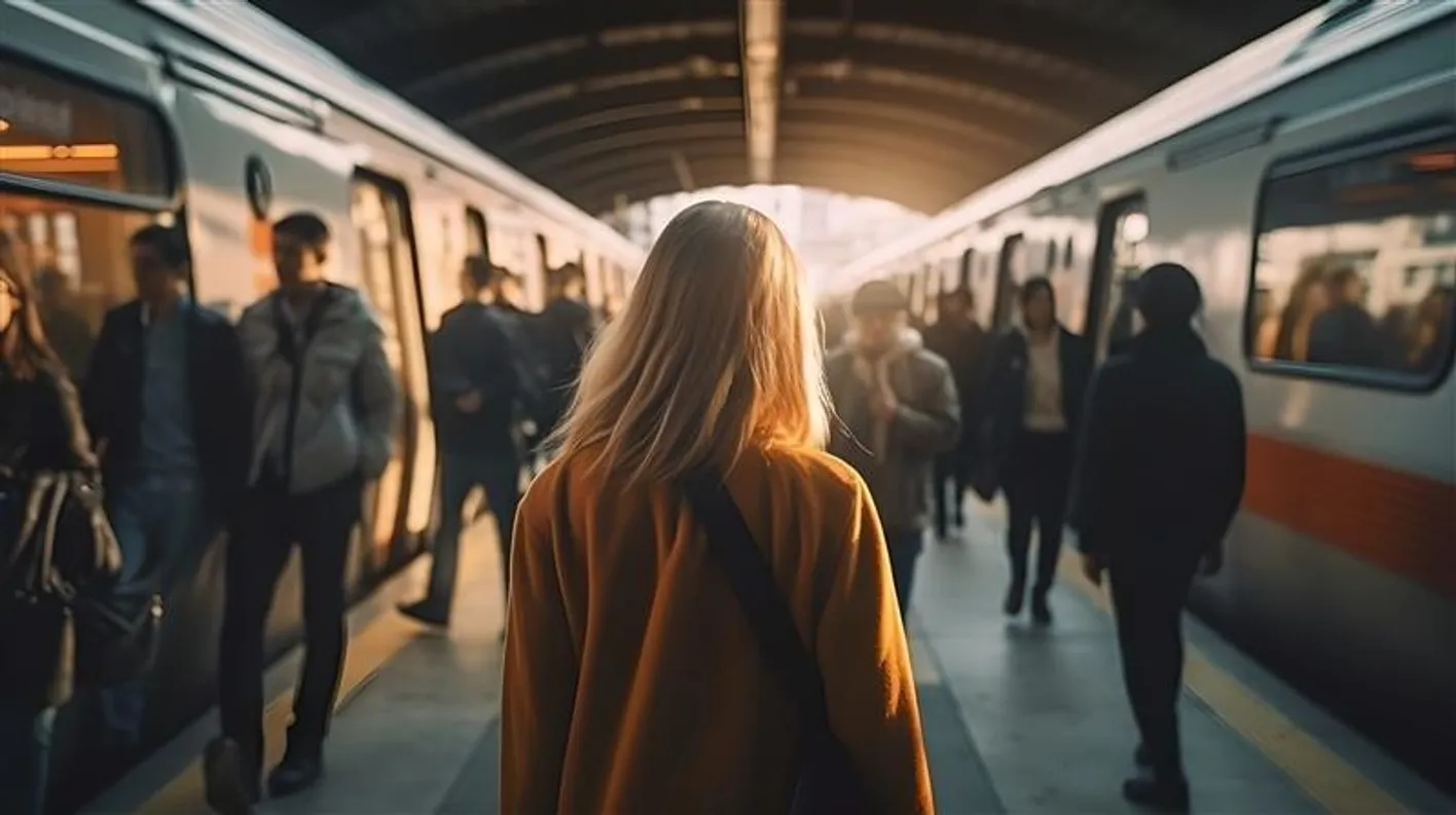 Female standing on train platform facing away from the camera with passengers stepping off trains