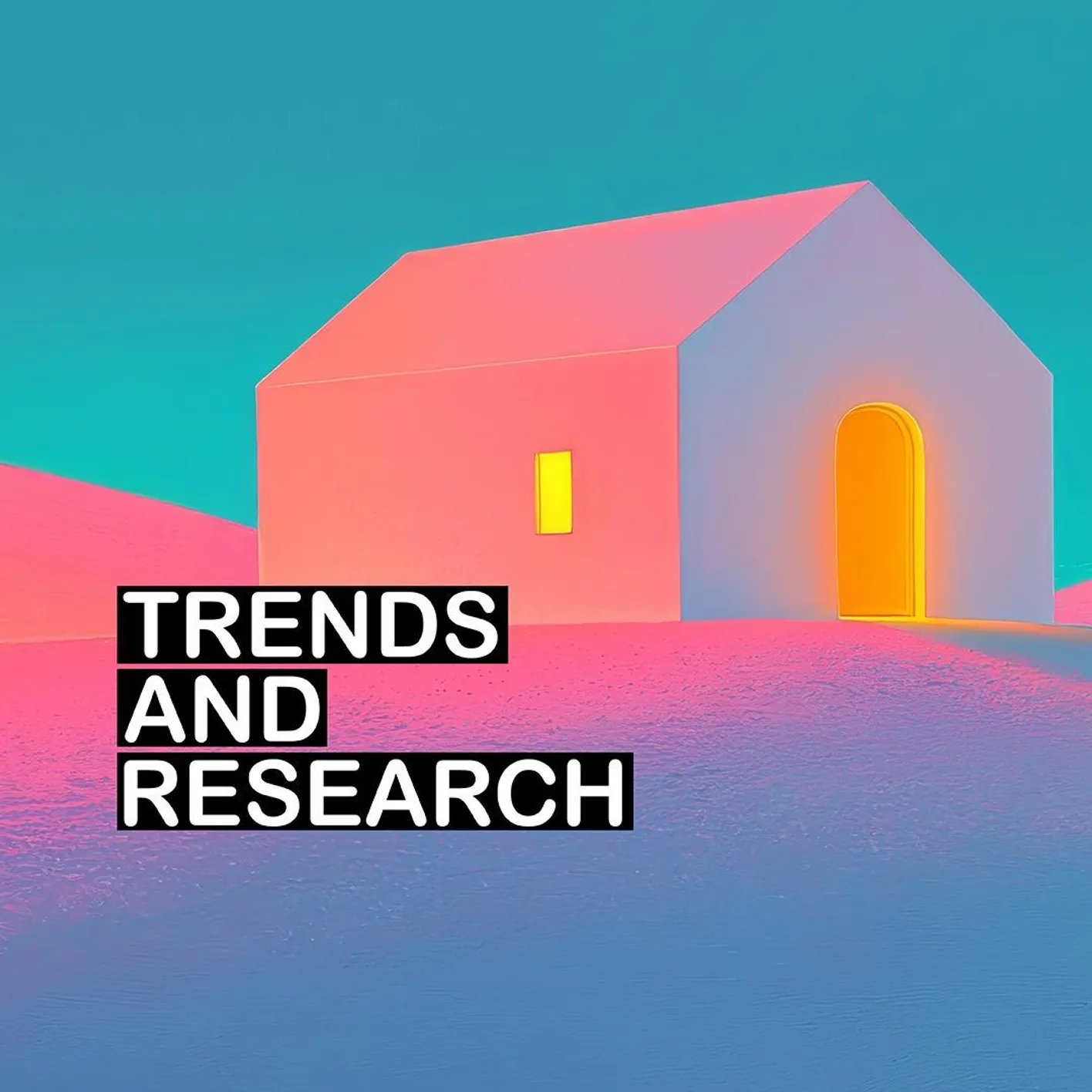 Animated bright lit house with the text: Trends and research in the bottom left.