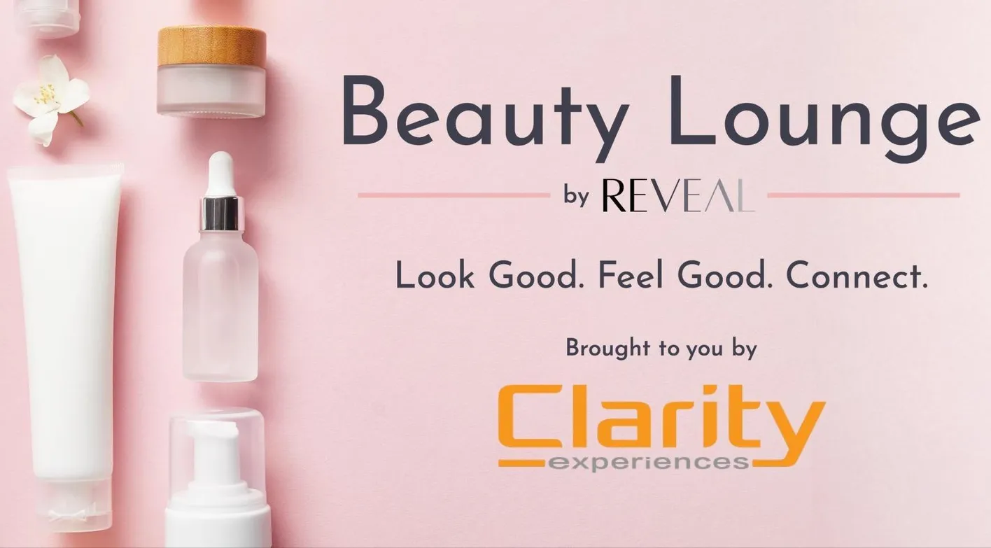 Branded graphic promoting the beauty lounge on the show floor. Book your appointment.