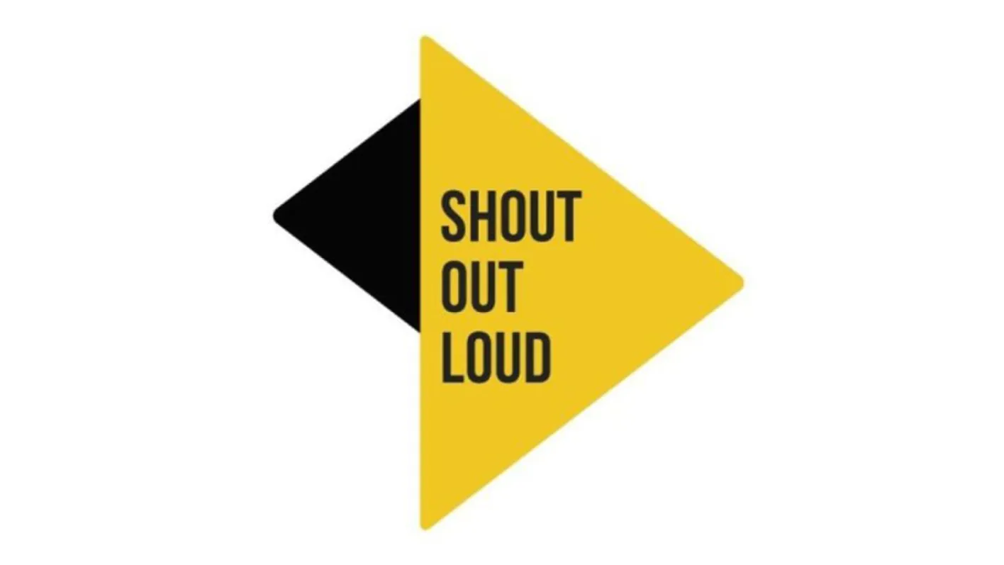 Yellow triangle with black text 'SHOUT OUT LOUD' layered over a smaller black triangle.