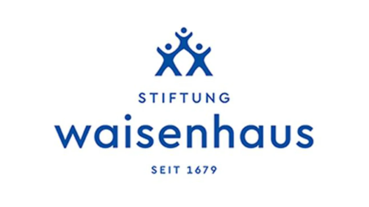 Logo with three blue human figures and text reading 'Stiftung Waisenhaus Seit 1679'.