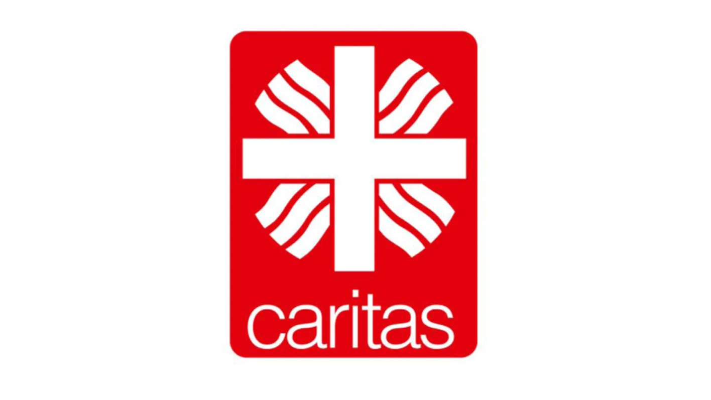 Red Caritas logo with white cross and stylized wave shapes, text reads 'caritas'