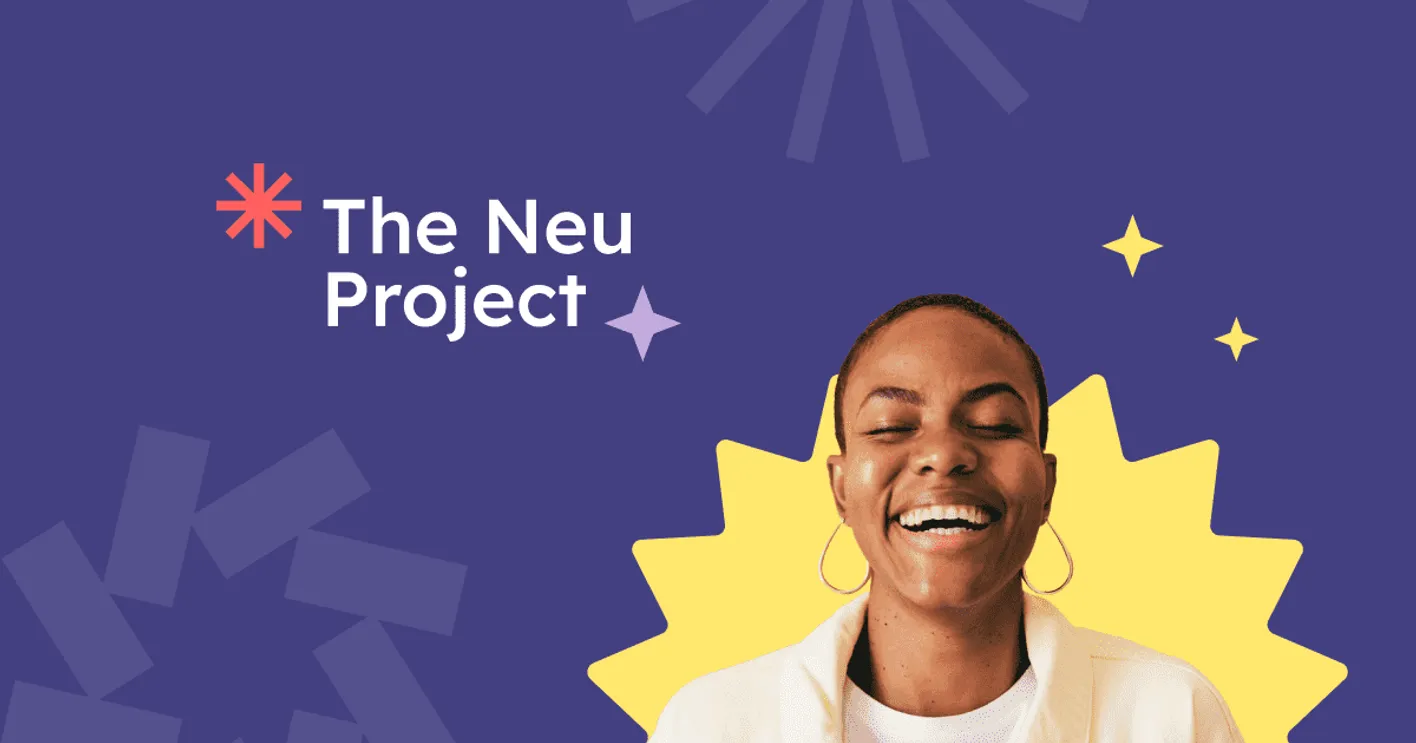 Person laughing in front of purple and yellow backdrop with stars and text reading 'The Neu Project'