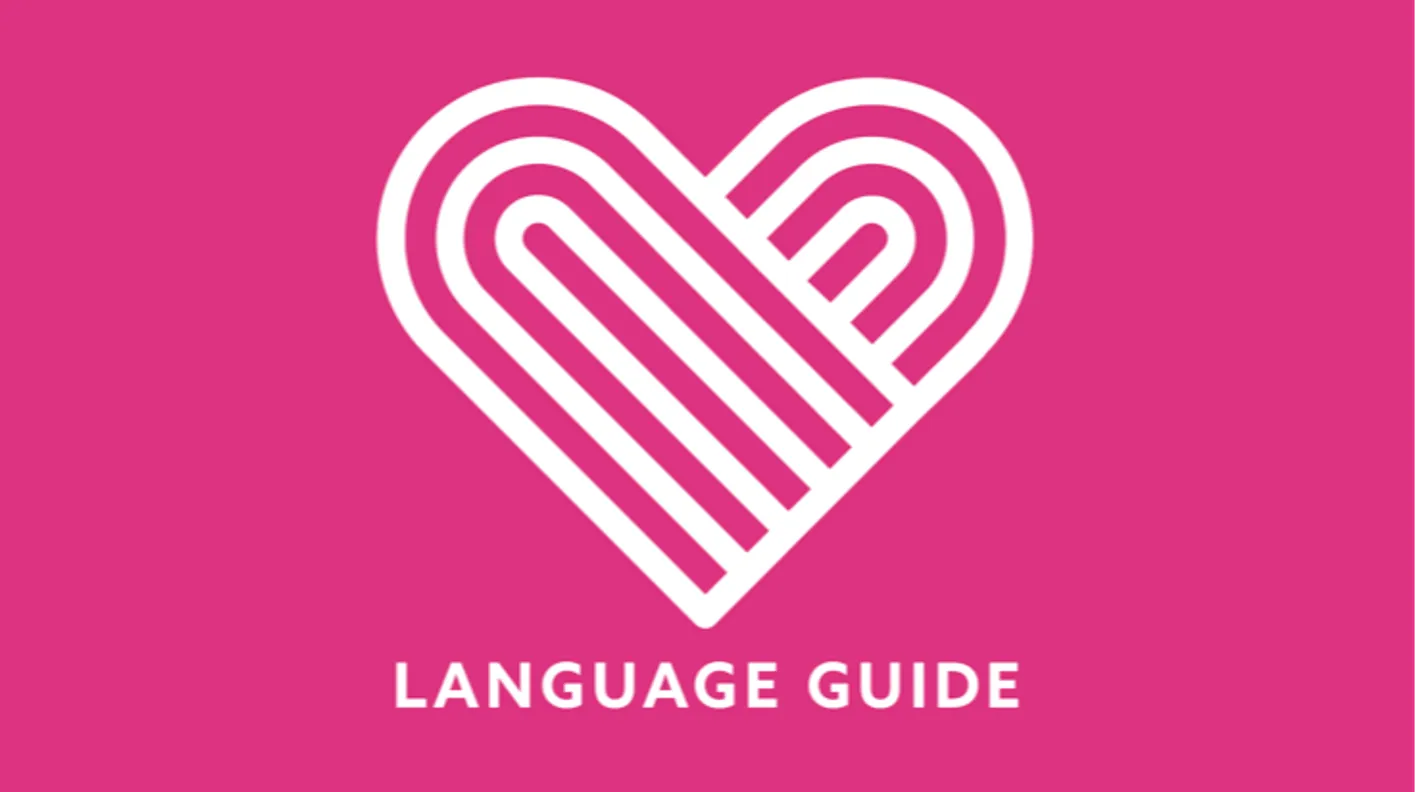White heart line design on pink background with text reading 'Language Guide'
