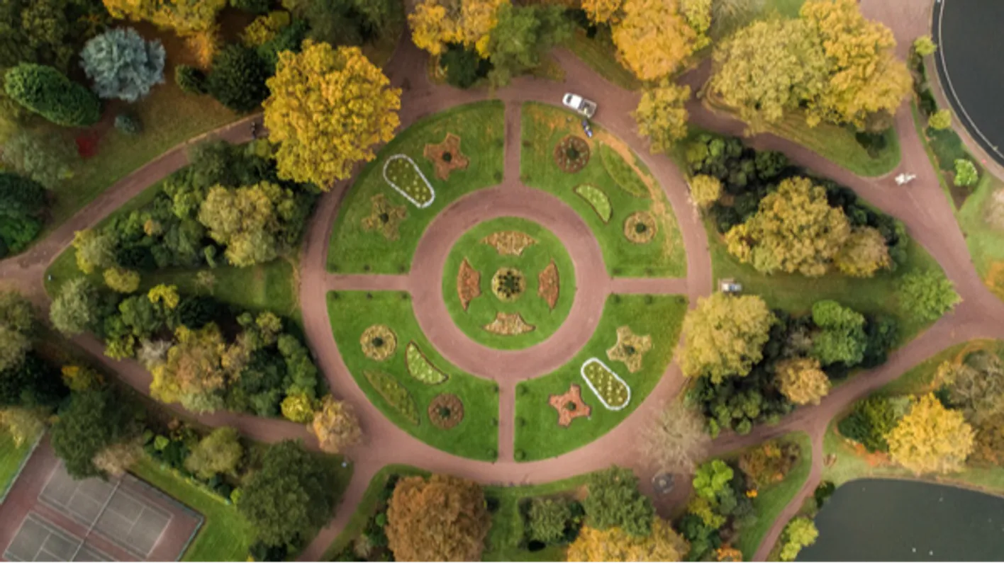 Birds eye view of landscaped gardens