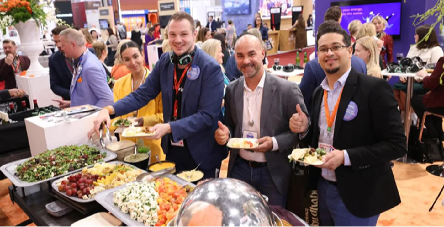 Group of professionals at a food buffet