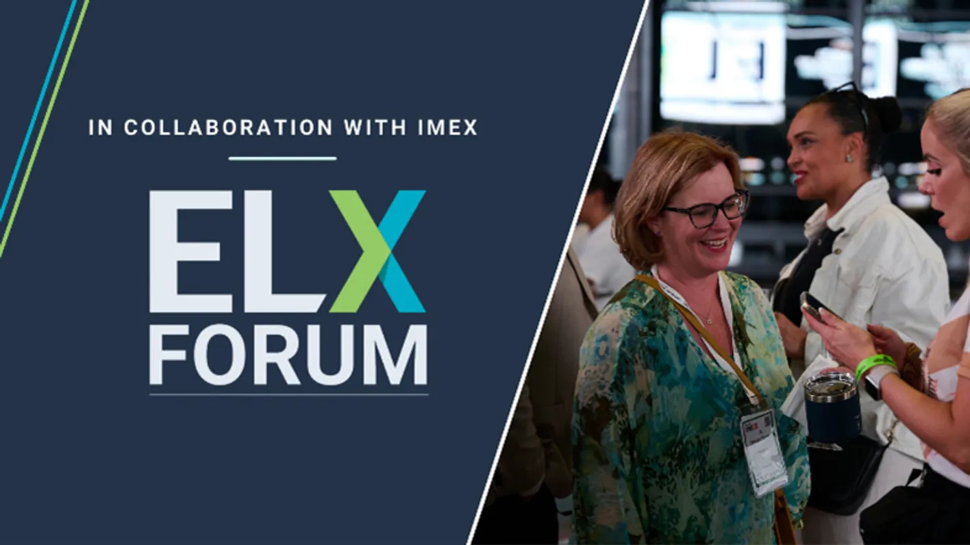 Dark blue promotional graphic for ELX Forum in collaboration with IMEX, showing people networking.