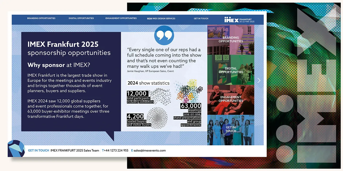 A blue graphic shows information for sponsorship at IMEX Frankfurt. There's 3 graphs with show stats