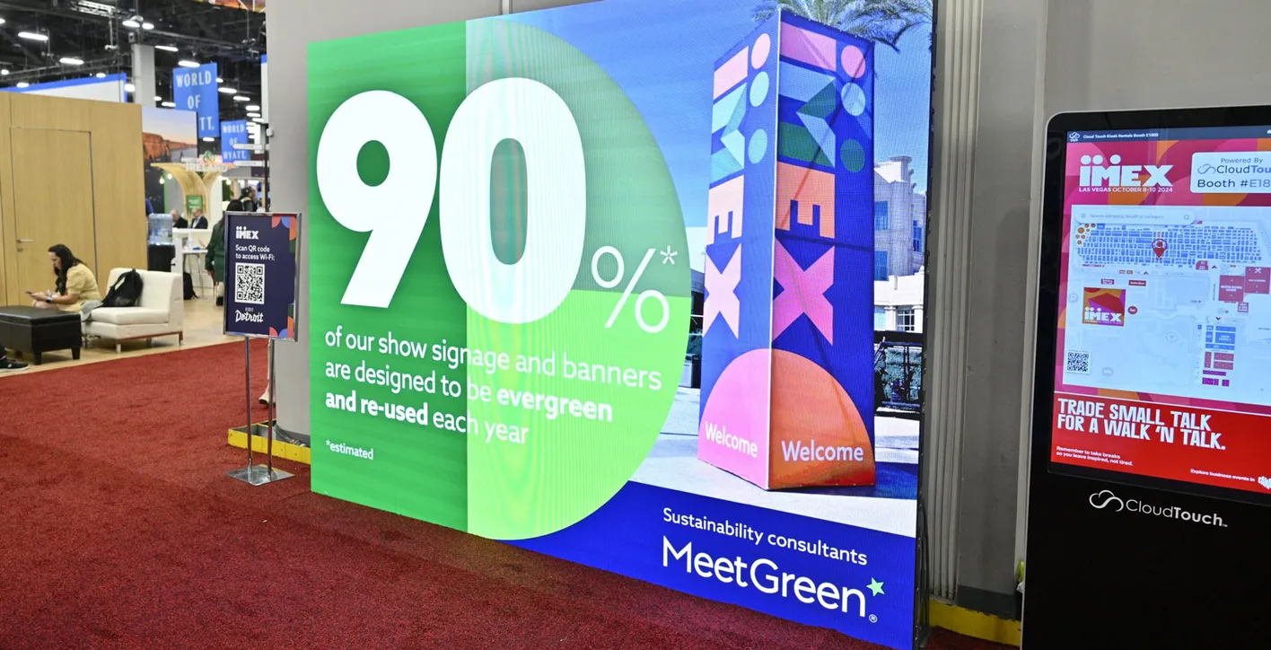 Digital screen with IMEX show sustainable stats