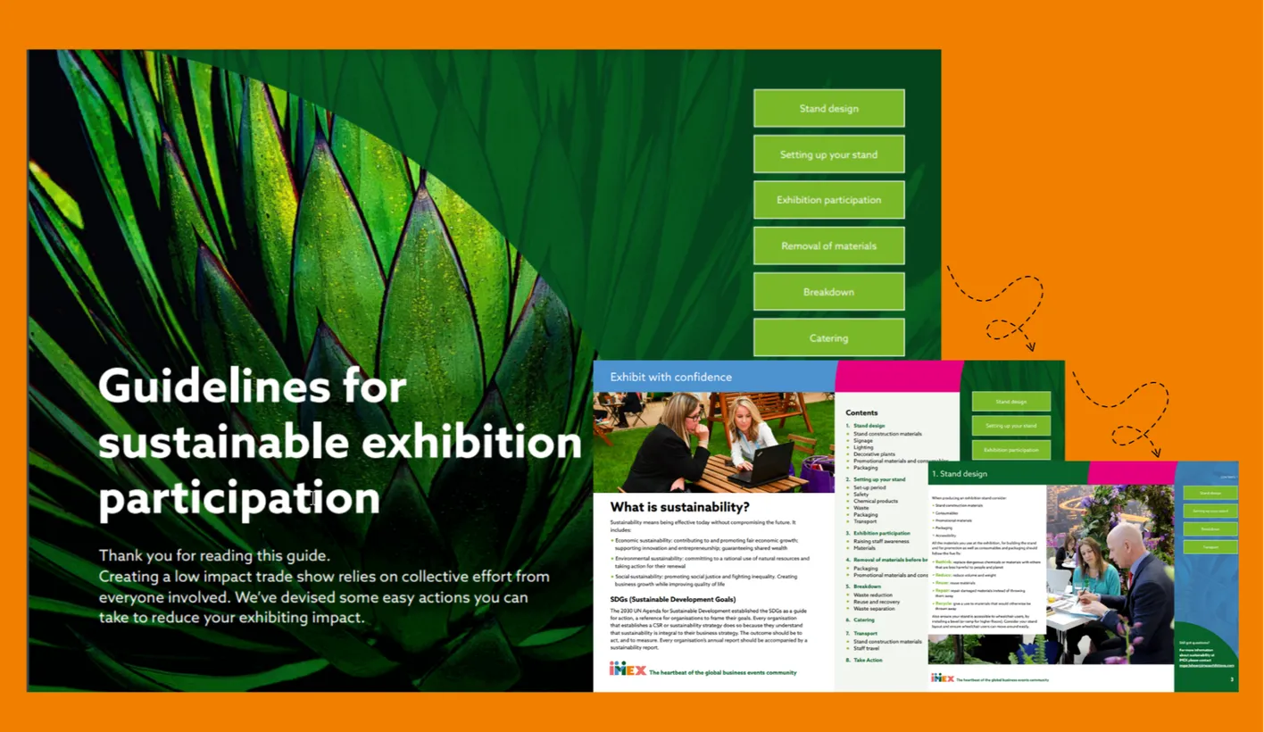 Sustainable participation guide visual for IMEX exhibitors