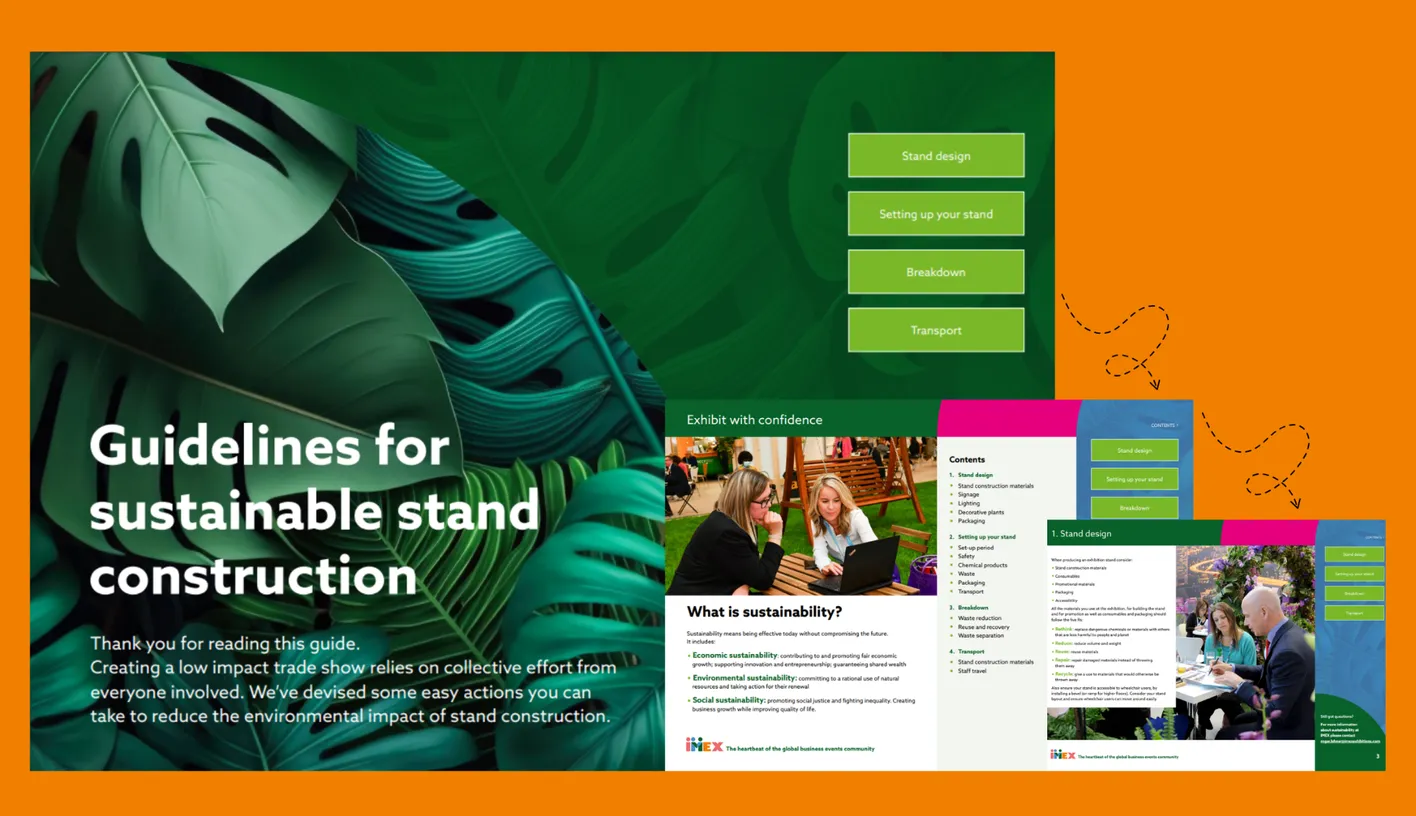 Sustainable stand construction guide visual for IMEX exhibitors