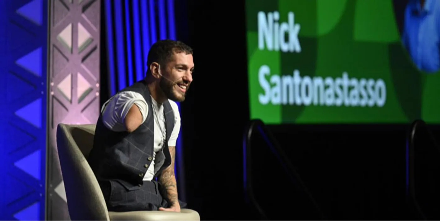 Keynote speaker Nick Santonastasso onstage at IMEX