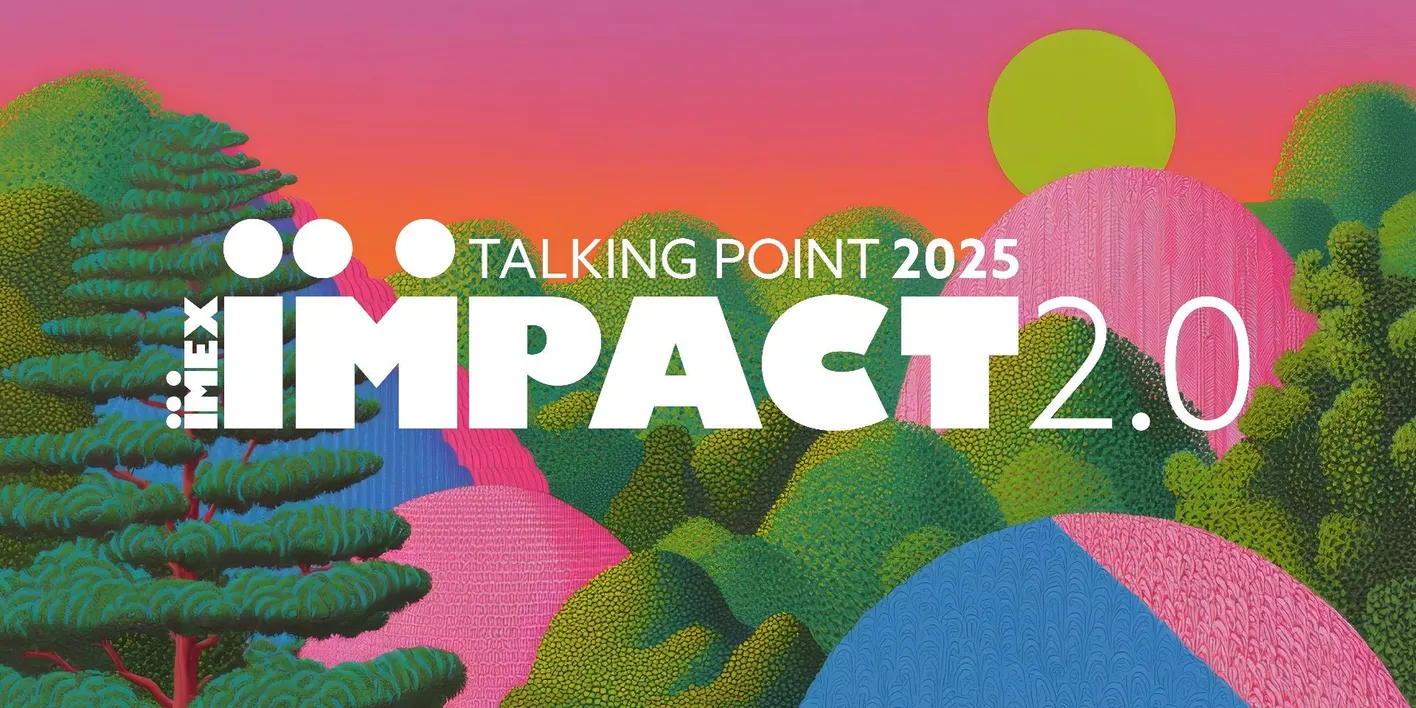 Animated landscape of green hills and pink sky.  With the text: Talking Point 2025. Impact 2.0' 