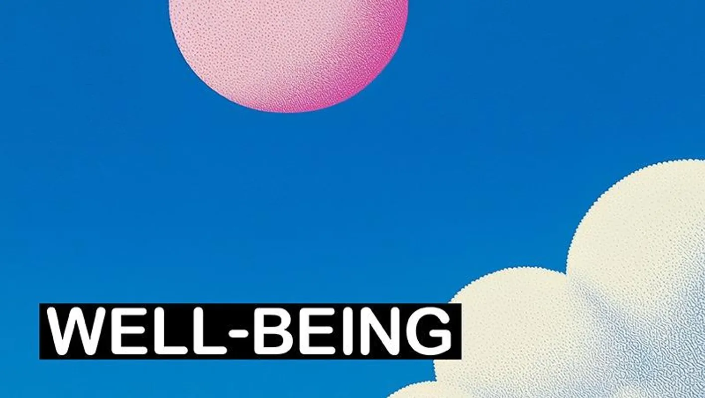 White clouds and pink sun on a blue sky. The text reads: WELL-BEING.