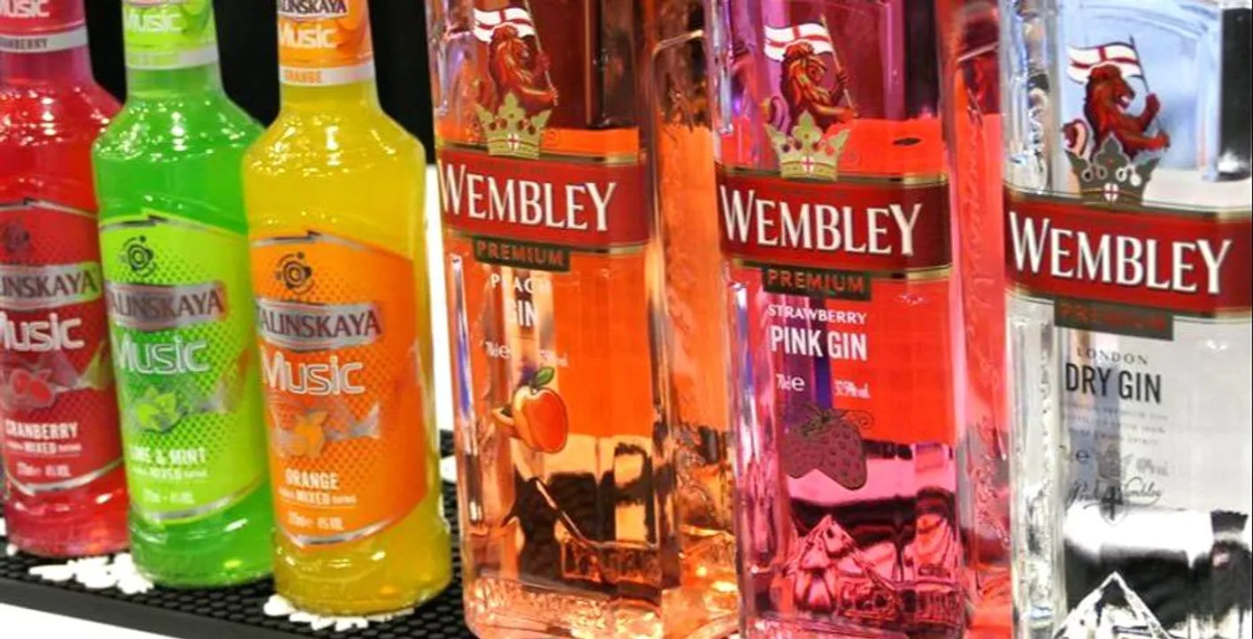Bottles of a spirit from the brand Wembley.