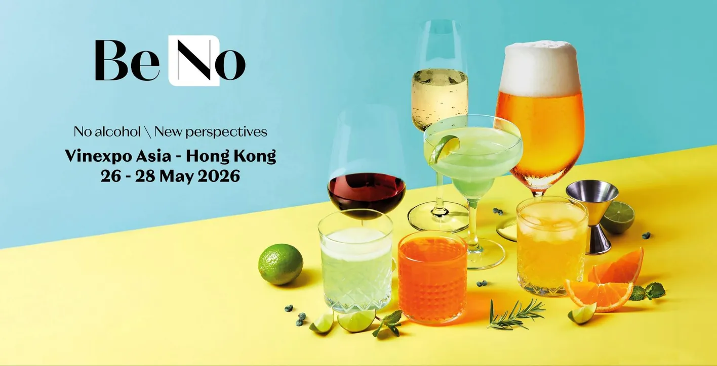 Be No promotional image featuring colorful alcohol-free beverages on a pastel background