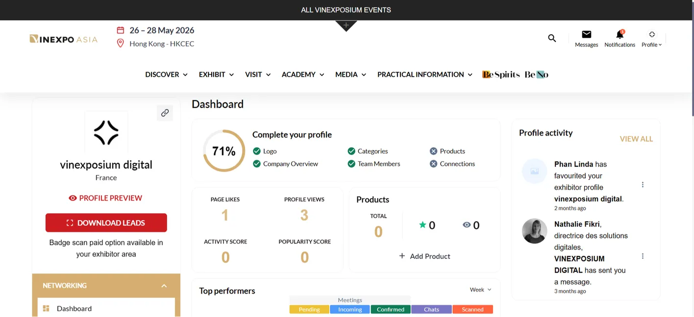 Screenshot of company page editing interface on Vinexpo Asia digital portal
