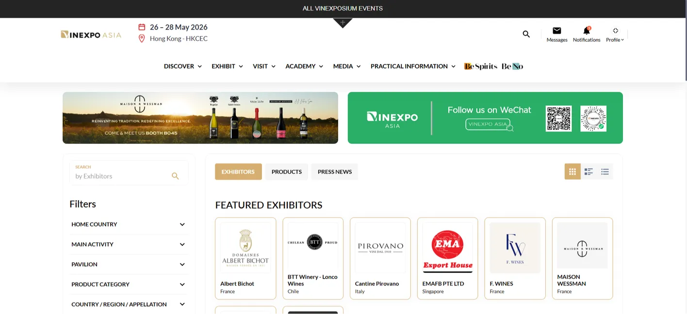 Screenshot of sponsor visibility options in Vinexpo Asia exhibitor platform