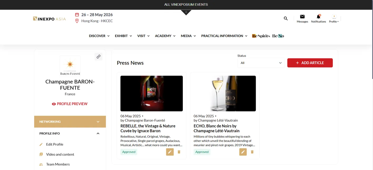Screenshot of press release submission interface for exhibitors