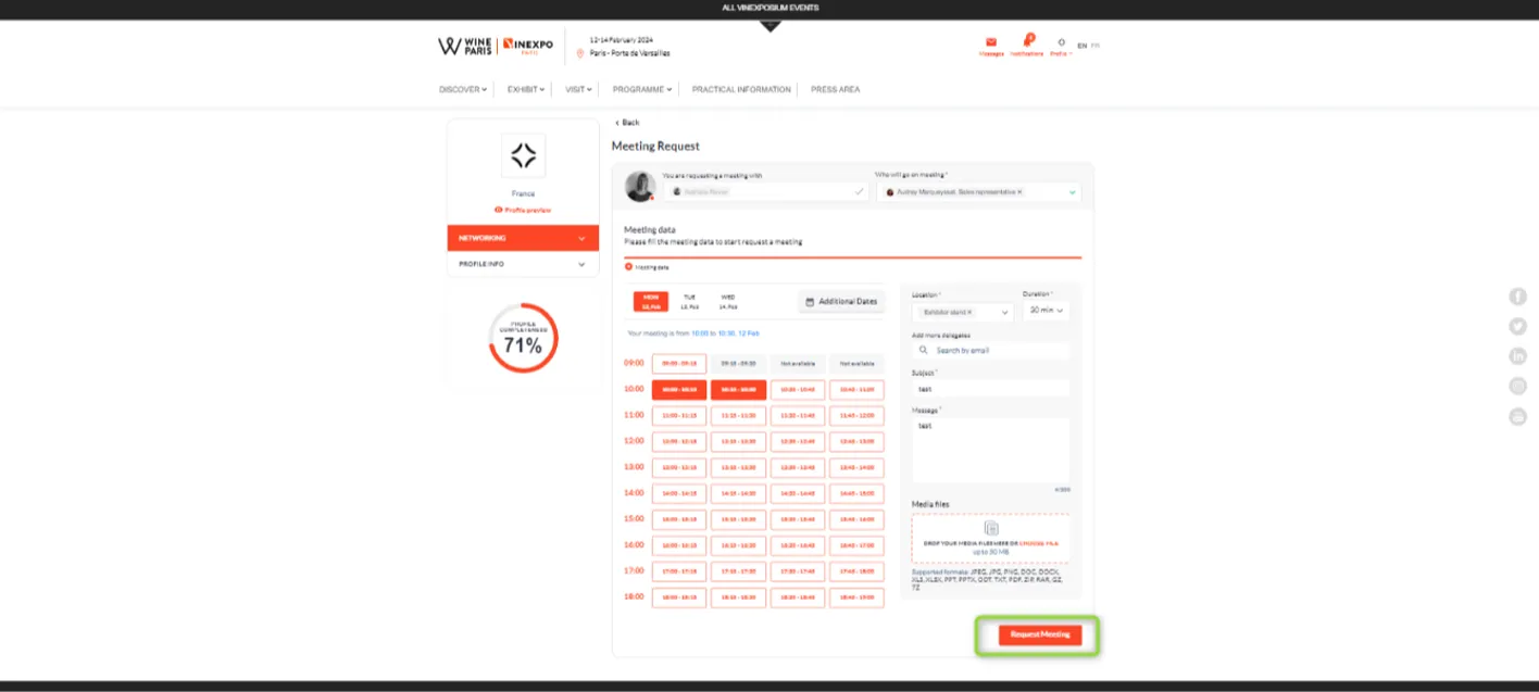 Screenshot of online meeting scheduling tool for Vinexpo Asia exhibitors