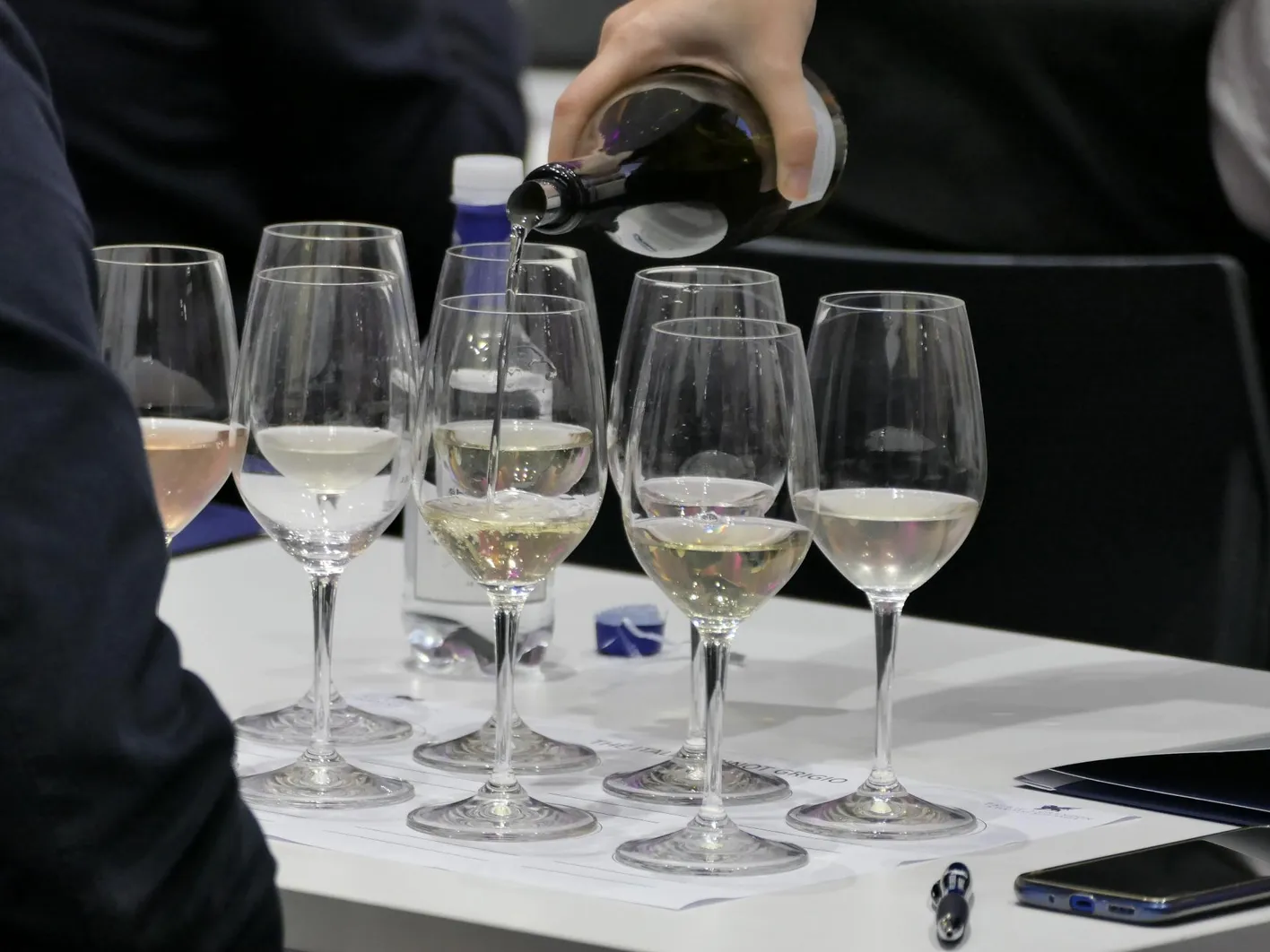 Pouring white wine onto glasses for a tasting during a conference or masterclass.