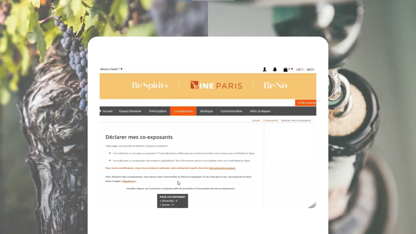Screenshot of exhibitor page optimisation options for Wine Paris registration