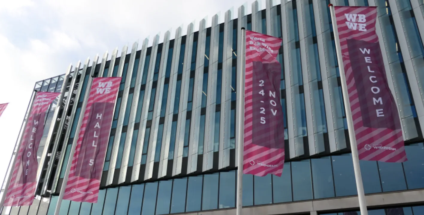Three World Bulk Wine Exhibiton flags which are outside of the hall.