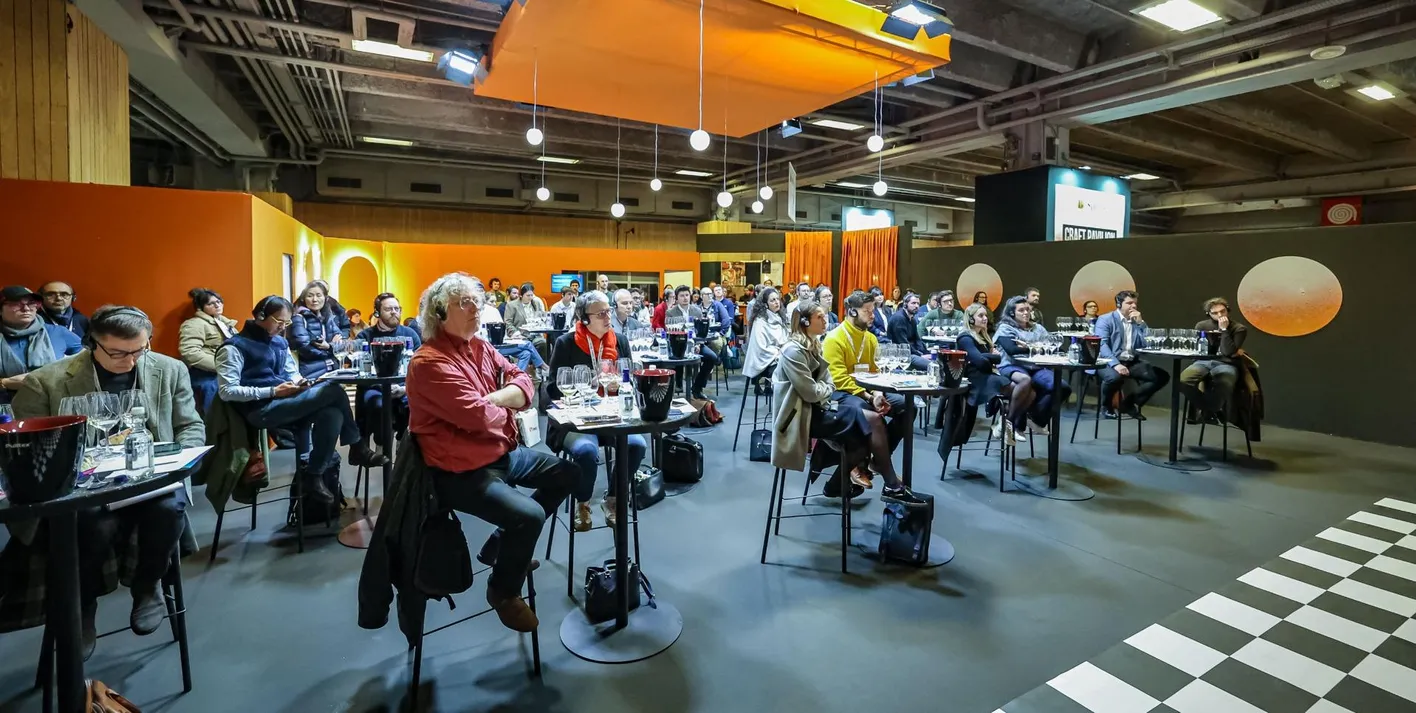 Visitors at the free tasting area during Wine Paris