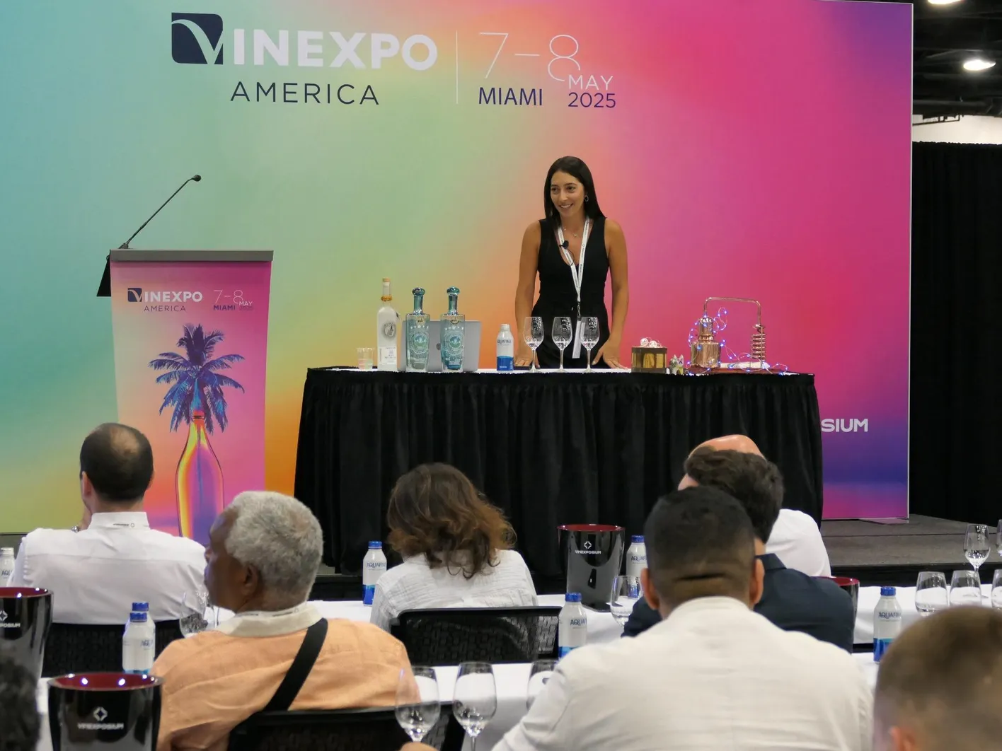 A brown-haired woman as speaker during a masterclass' Vinexpo Americas.