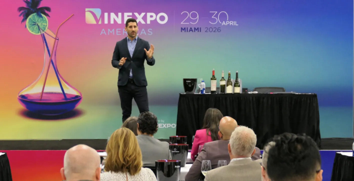 Mathias Prezioso, presenting a session organised by the ASI at Vinexpo Americas 2026 in Miami.